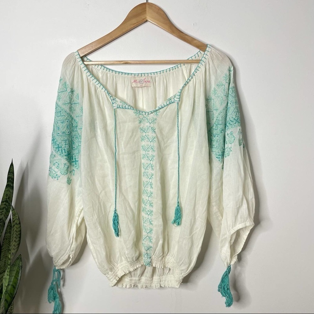 Miss June White Green Embroidered Blouse OS - Picture 11 of 12